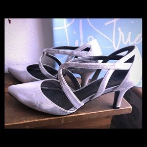 Silver open back pumps